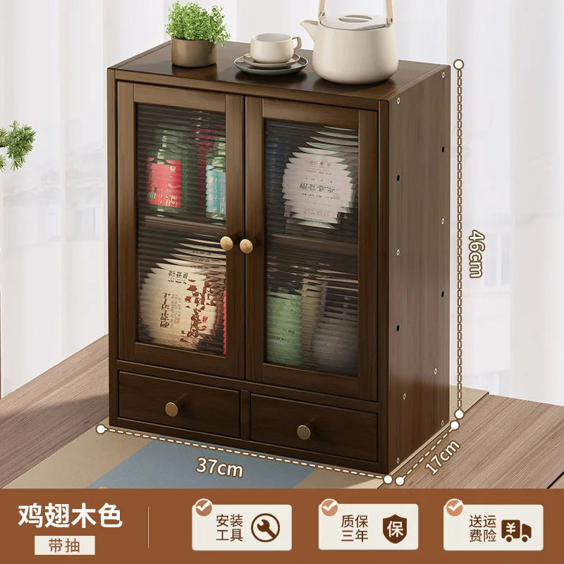Minimalist Tea & Beverage Cabinet with Doors Desktop Storage with Adjustable Multi-Hole Shelf Nanmu Bamboo Sideboard