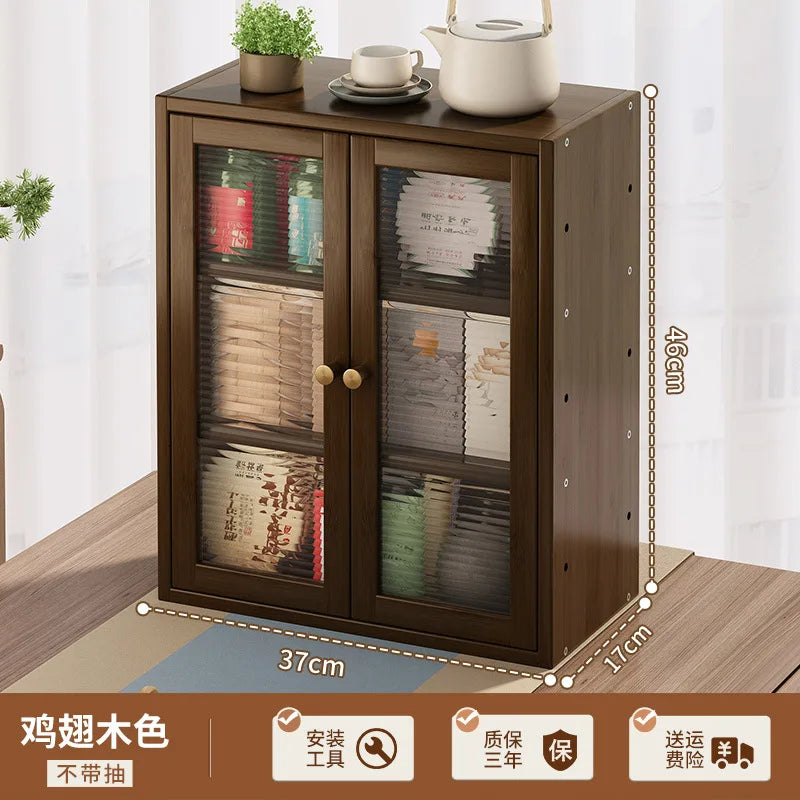 Minimalist Tea & Beverage Cabinet with Doors Desktop Storage with Adjustable Multi-Hole Shelf Nanmu Bamboo Sideboard