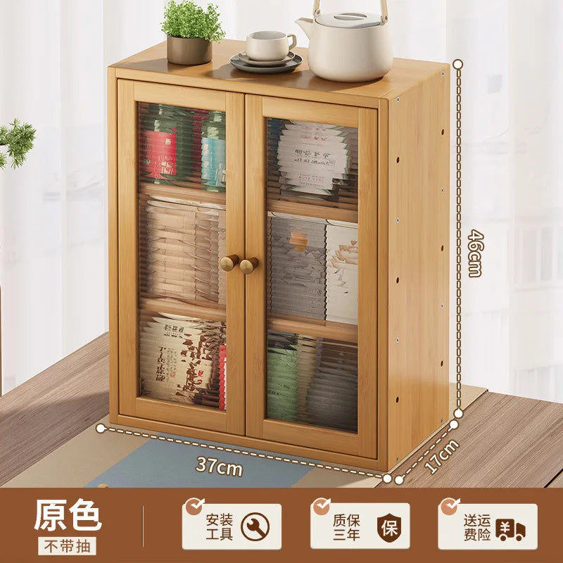Minimalist Tea & Beverage Cabinet with Doors Desktop Storage with Adjustable Multi-Hole Shelf Nanmu Bamboo Sideboard