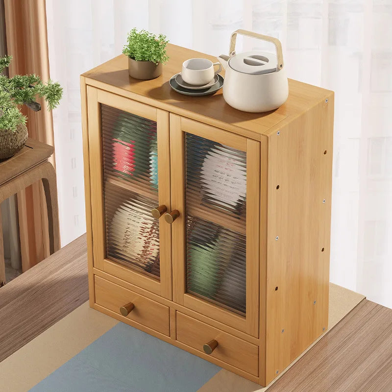 Minimalist Tea & Beverage Cabinet with Doors Desktop Storage with Adjustable Multi-Hole Shelf Nanmu Bamboo Sideboard
