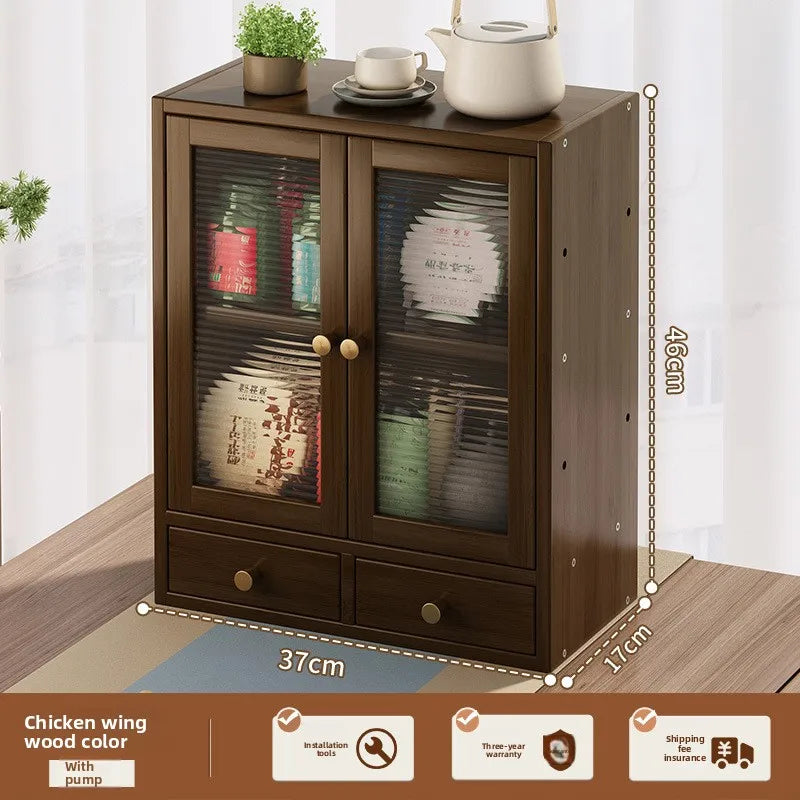 Minimalist Tea & Beverage Cabinet with Doors Desktop Storage with Adjustable Multi-Hole Shelf Nanmu Bamboo Sideboard