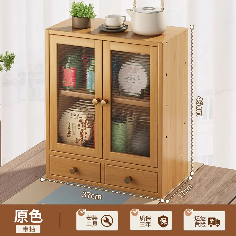 Minimalist Tea & Beverage Cabinet with Doors Desktop Storage with Adjustable Multi-Hole Shelf Nanmu Bamboo Sideboard