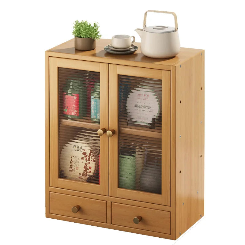 Minimalist Tea & Beverage Cabinet with Doors Desktop Storage with Adjustable Multi-Hole Shelf Nanmu Bamboo Sideboard